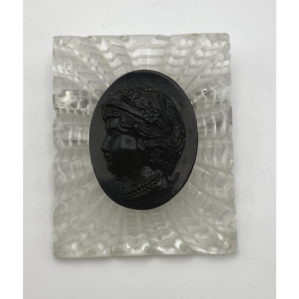 Vintage 1940s Victorian Revival Mourning Brooch – Black Cameo on Reverse-Carved